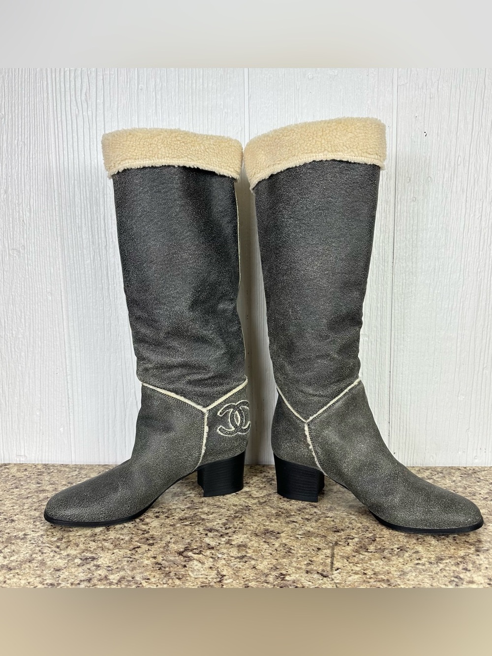 CHANEL Shearling Boots 
Grey Distressed Leather 37.5